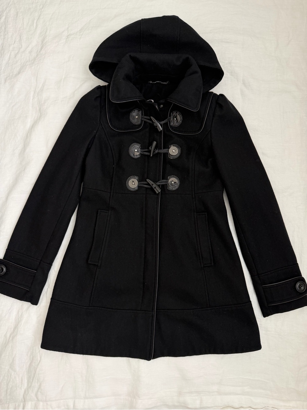 Guess Black Wool Detachable Hooded Toggle Pea Coat